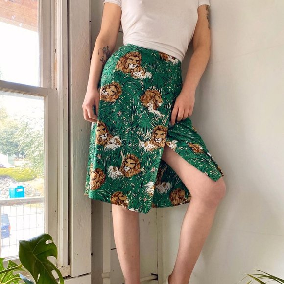 Vintage Cream Brown Novelty Graphic Print A-line Skirt 6 8